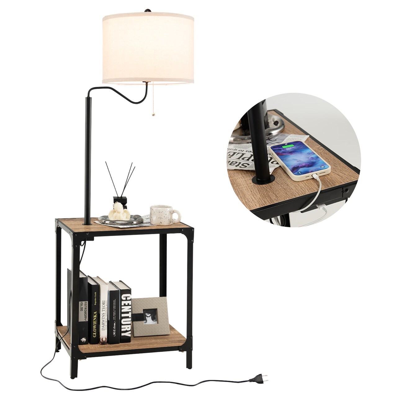 Costway Floor Lamp with End Table and USB Charging Ports 360° Rotatable Lamp Arm